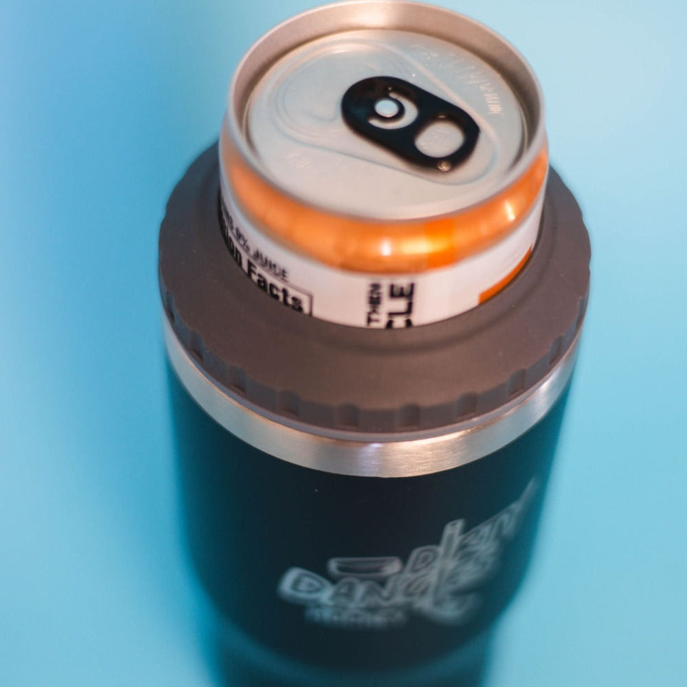 A top down view of a black dirty dangles hockey 12 oz 4 in 1 tumbler drink cooler combo showing the can and bottle lid