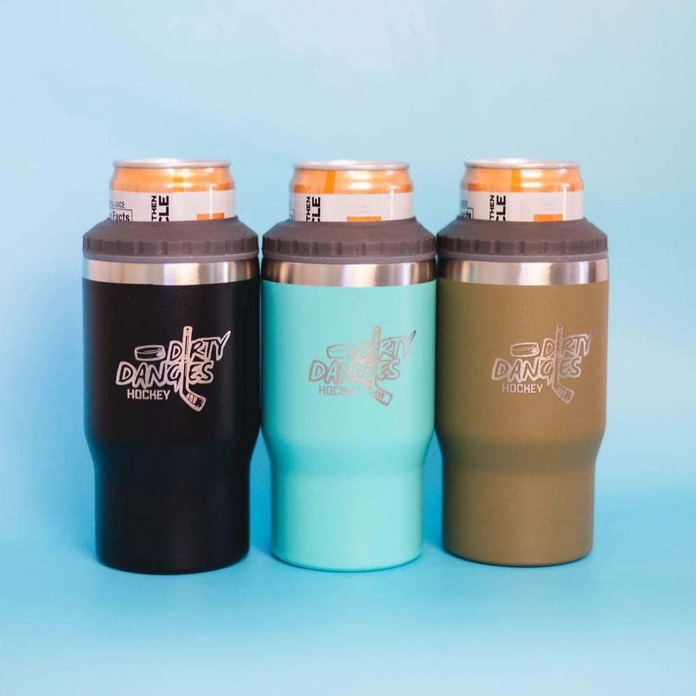 3 Dirty Dangles 2 in 1 insulated drink tumbler can coolers on a blue background. Black, Neon blue and Tactical Green