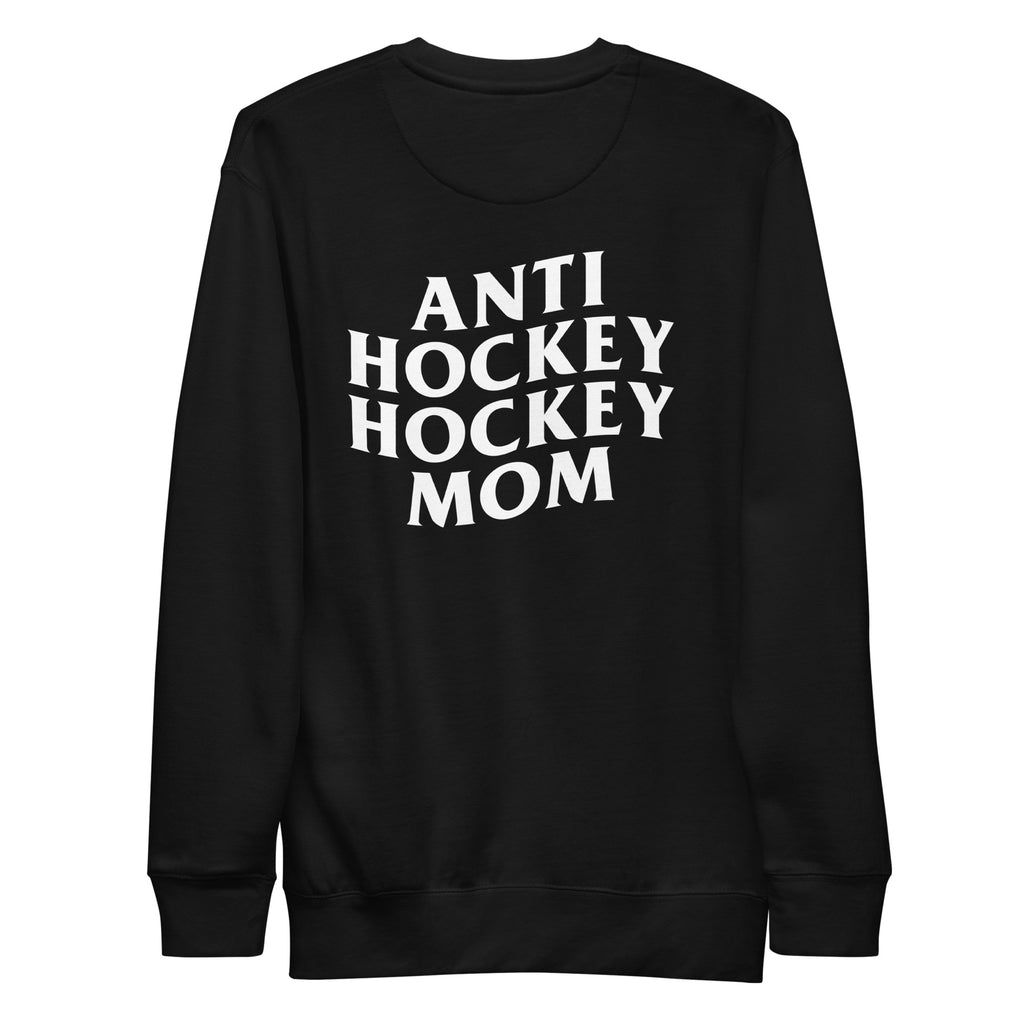 A black crew neck sweatshirt on a white background. Anti hockey hockey mom