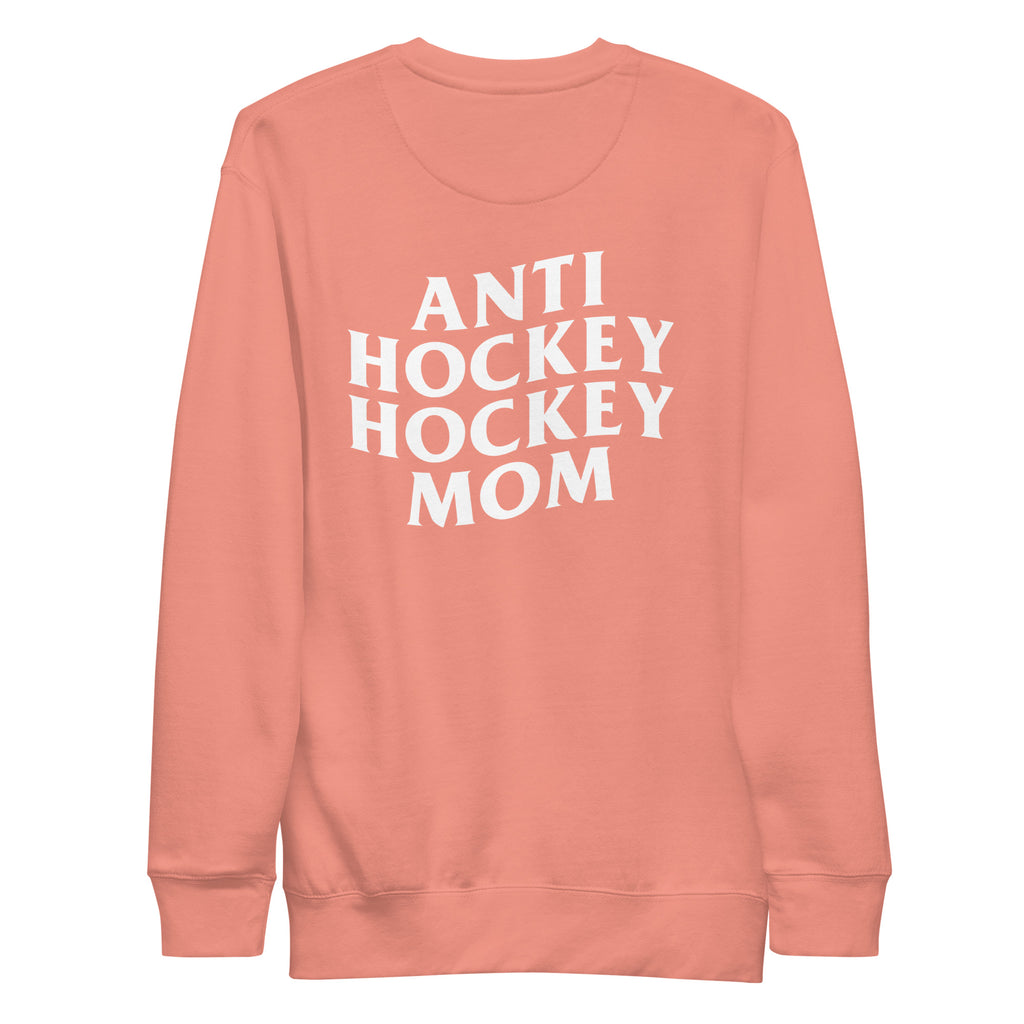 The back of a rose crew neck sweatshirt on a white background. Anti hockey hockey mom