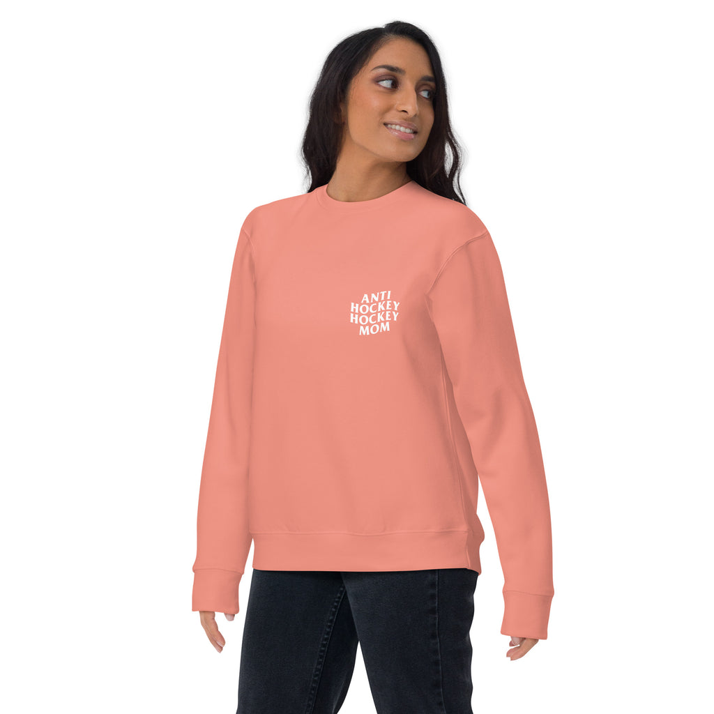A hockey mom showing the front of a rose crew neck sweatshirt on a white background. Anti hockey hockey mom