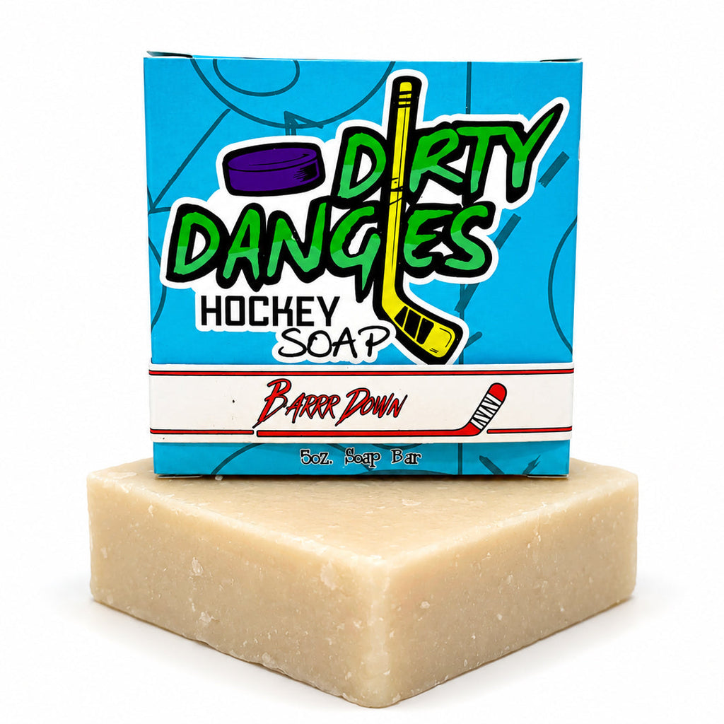 Barrr down bay rum scented hockey soap bar on a white background
