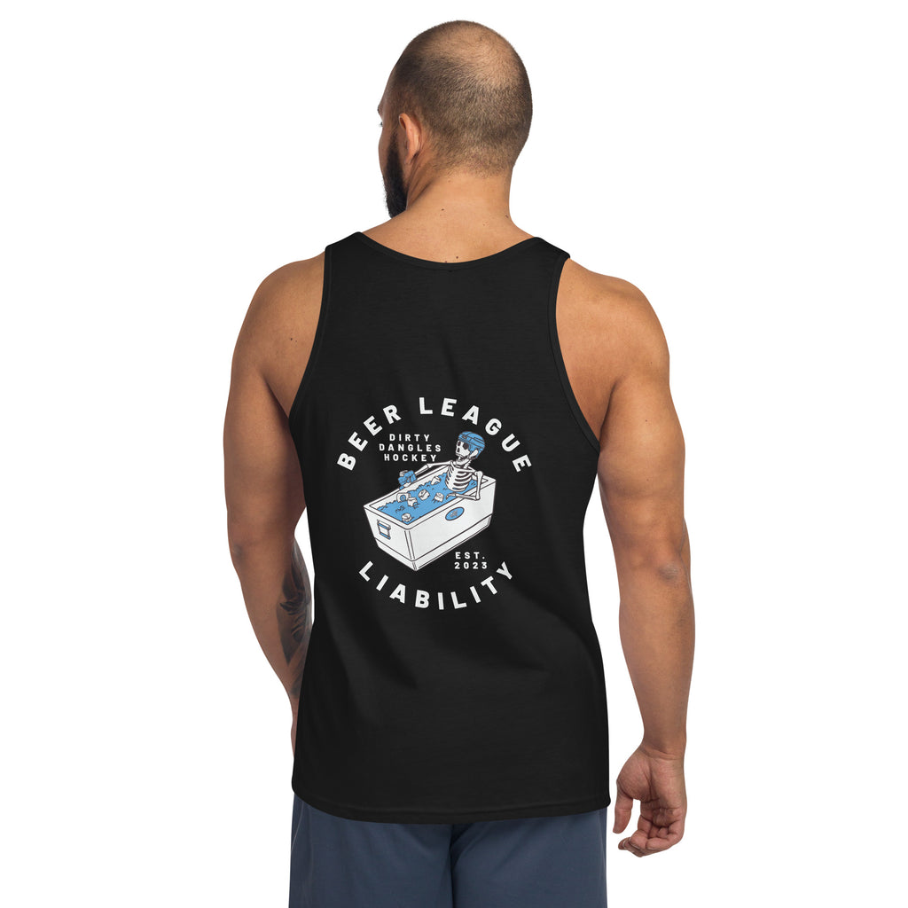 the back of a man wearing a black tank top with a skeleton drinking a beer while sitting in a cooler of ice. beer league liability dirty dangles hockey est 2023. white background