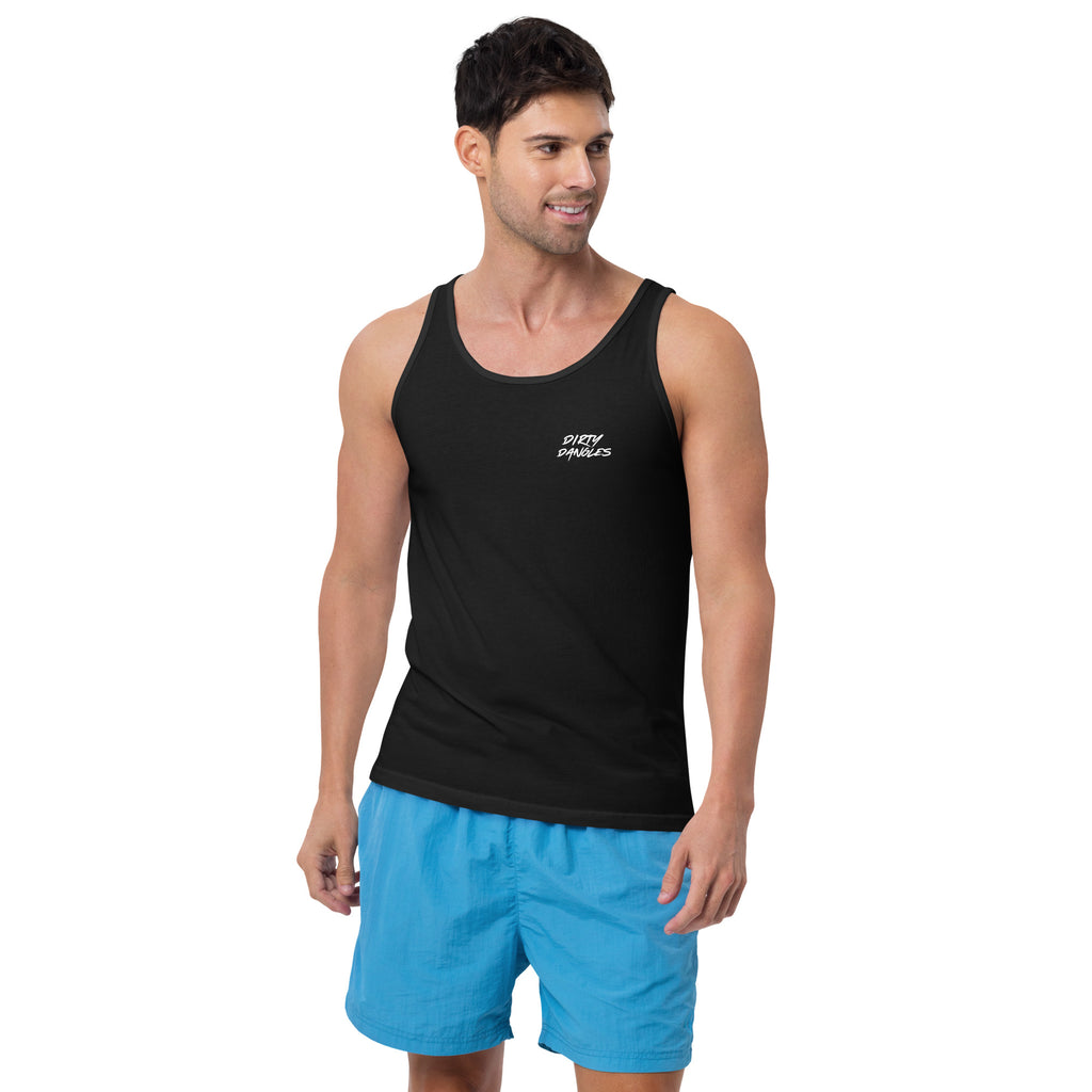 a man wearing a black tank top with dirty dangles on the front on a white background