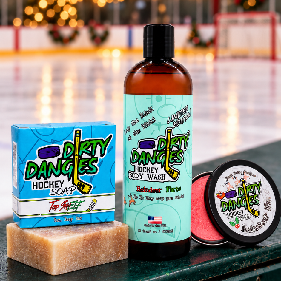 Dirty dangles reindeer farts Christmas stick wax and body wash with top shelf Christmas hockey soap in an ice rink with festive Christmas decor.