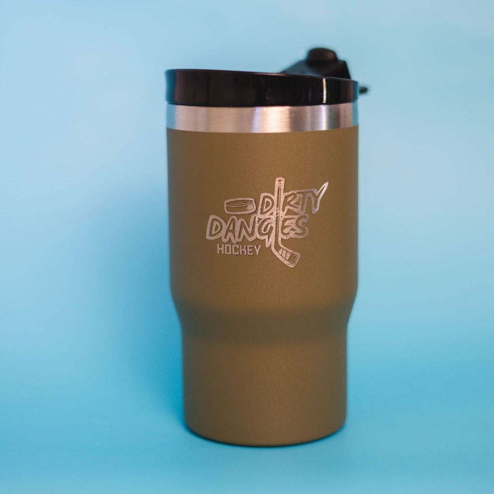 A tactical green dirty dangles 4 in 1 drink tumbler can cooler