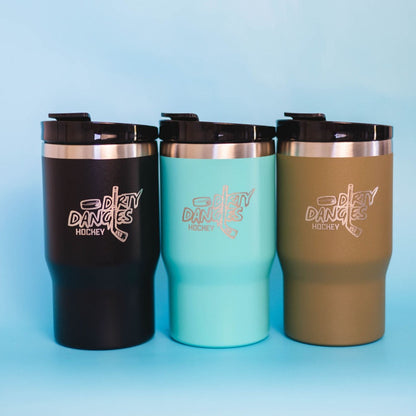 3 Dirty Dangles 2 in 1 insulated drink tumblers on a blue background. Black, Neon blue and Tactical Green