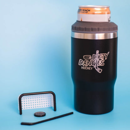 A black dirty dangles 2 in 1 drink tumbler can cooler on a blue background with a tiny hockey stick and net