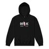 A black hoodie on a white background. DDHC hockey cult with a pink lightning bolt.