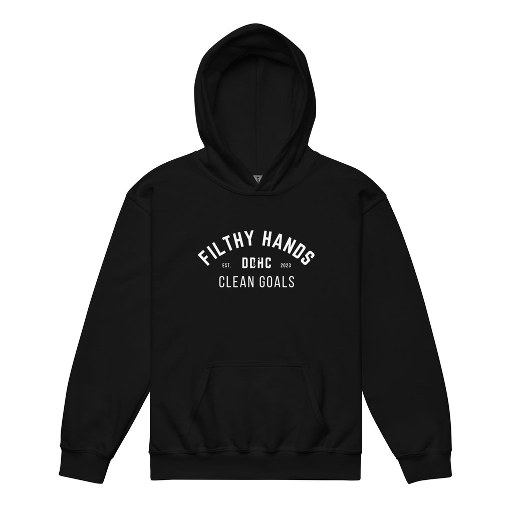 A black hoodie on a white background. Filthy hands clean goals