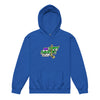 A blue hoodie on a white background.  Dirty dangles hockey logo.