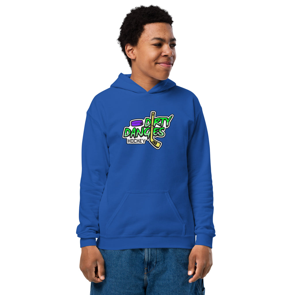 A boy in a blue hoodie.  Dirty dangles hockey logo.