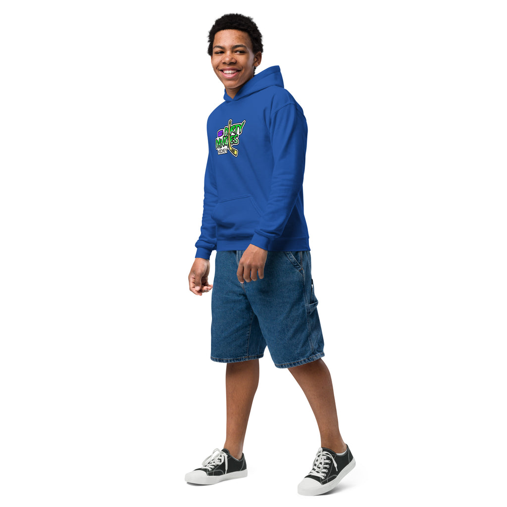 A boy standing in a blue hoodie.  Dirty dangles hockey logo.