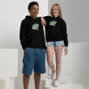 A boy and girl standing together in black hoodies.  Dirty dangles hockey logo.
