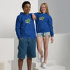 A boy and girl standing together in blue hoodies.  Dirty dangles hockey logo.