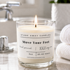 A white scented hockey candle in a bathroom. Move Your Feet