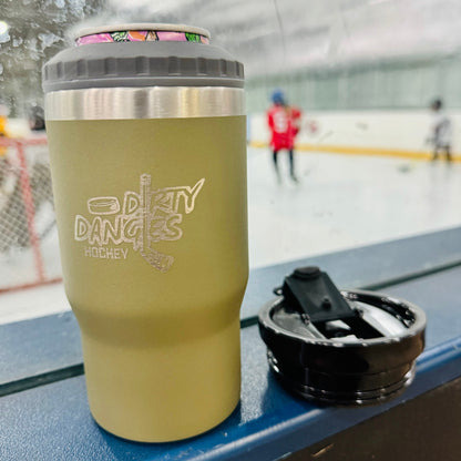 A tactical green dirty dangles 4 in 1 drink tumbler can cooler in an ice rink