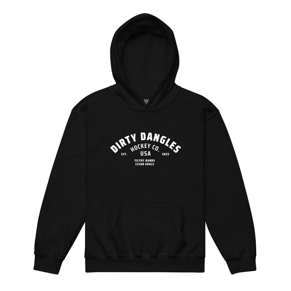 a black youth size hoodie on a white background. Dirty dangles hockey co.