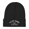 A black dirty dangles knit hockey beanie on a white background. Filthy Hands Clean Goals