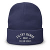 A Navy blue dirty dangles knit hockey beanie on a white background. Filthy Hands Clean Goals