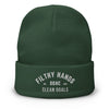 A dark green dirty dangles knit hockey beanie on a white background. Filthy Hands Clean Goals