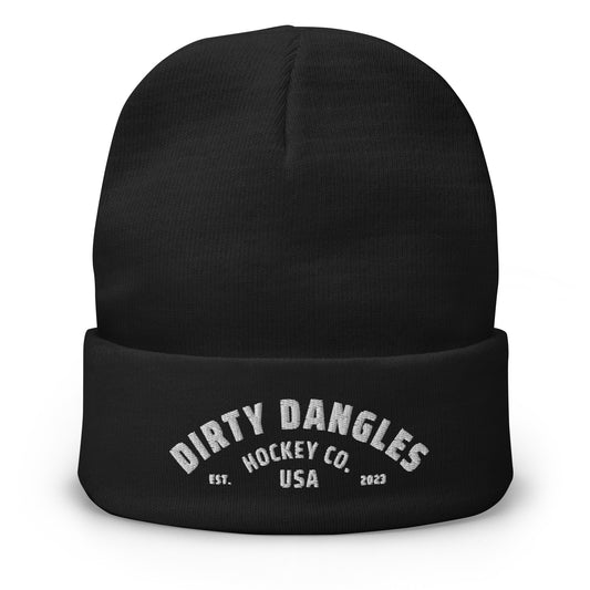 A black dirty dangles knit hockey beanie on a white background. Dirty Dangles hockey co.
