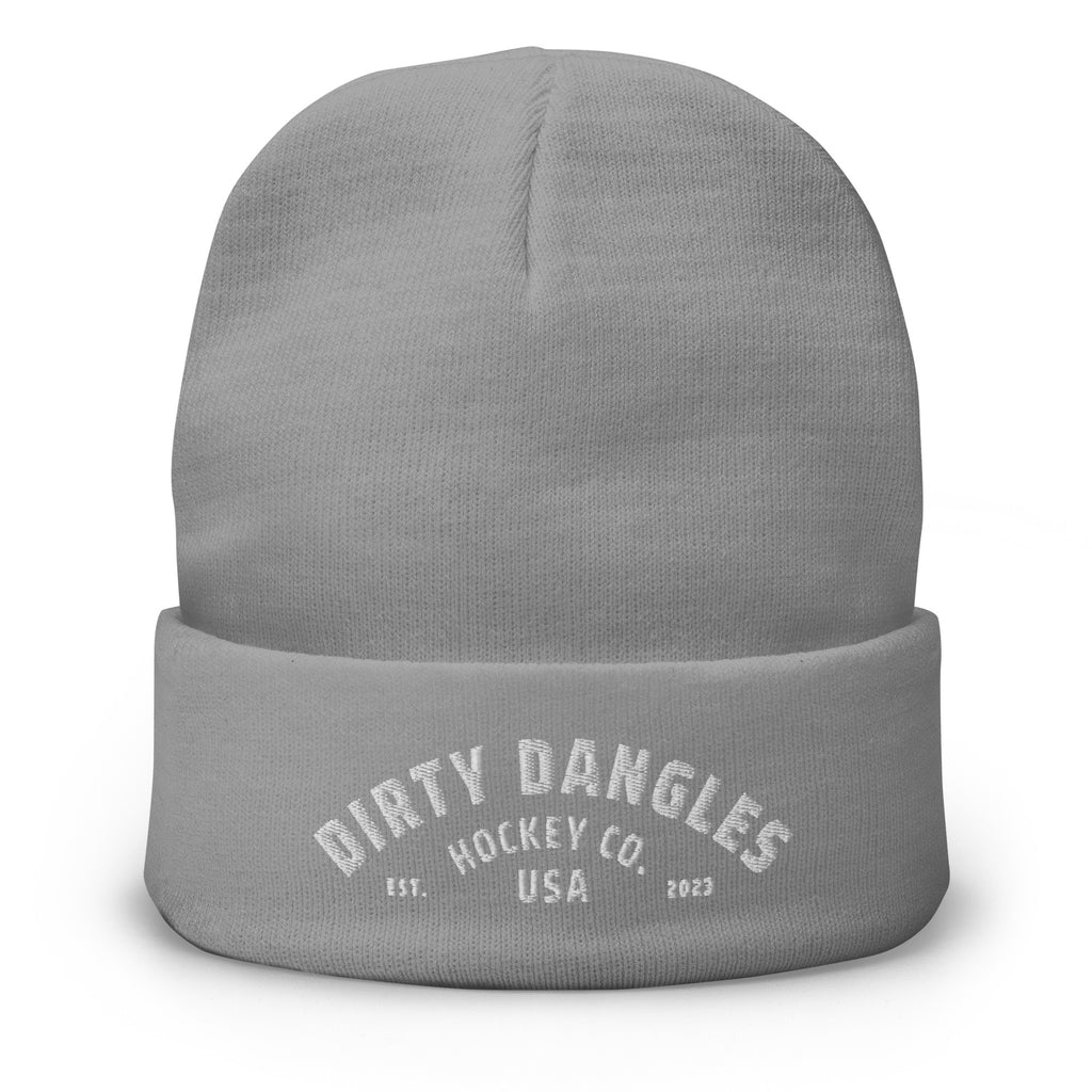 A gray dirty dangles knit hockey beanie on a white background. Dirty Dangles hockey co.