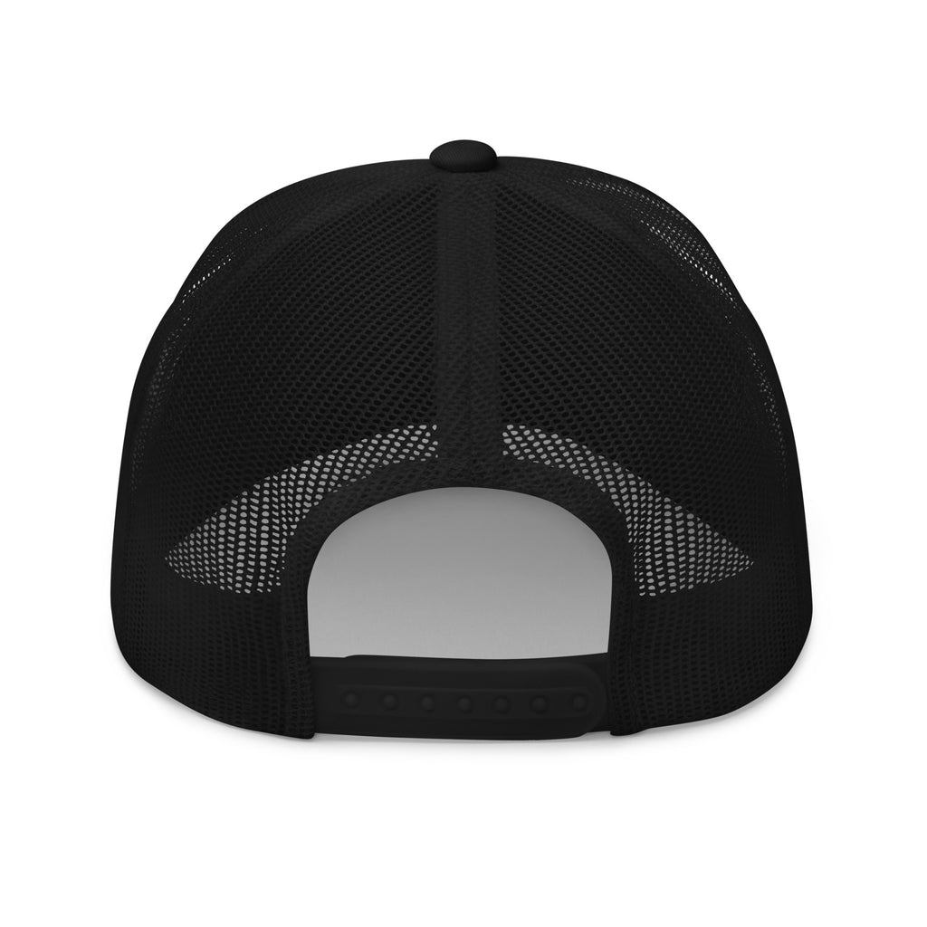 The back of a black snapback mesh trucker hat on white background. Dirty dangles hockey co.