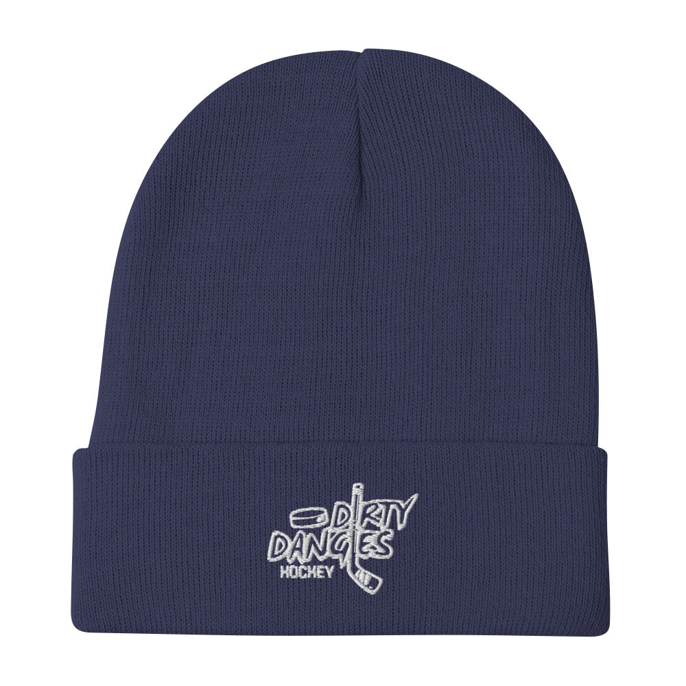 A navy blue dirty dangles logo knit hockey beanie on a white background. Dirty Dangles hockey 