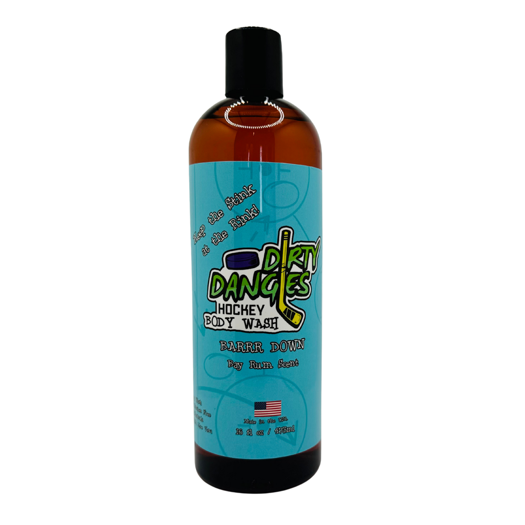 Bottle of Dirty Dangles Hockey Body Wash on a white background
