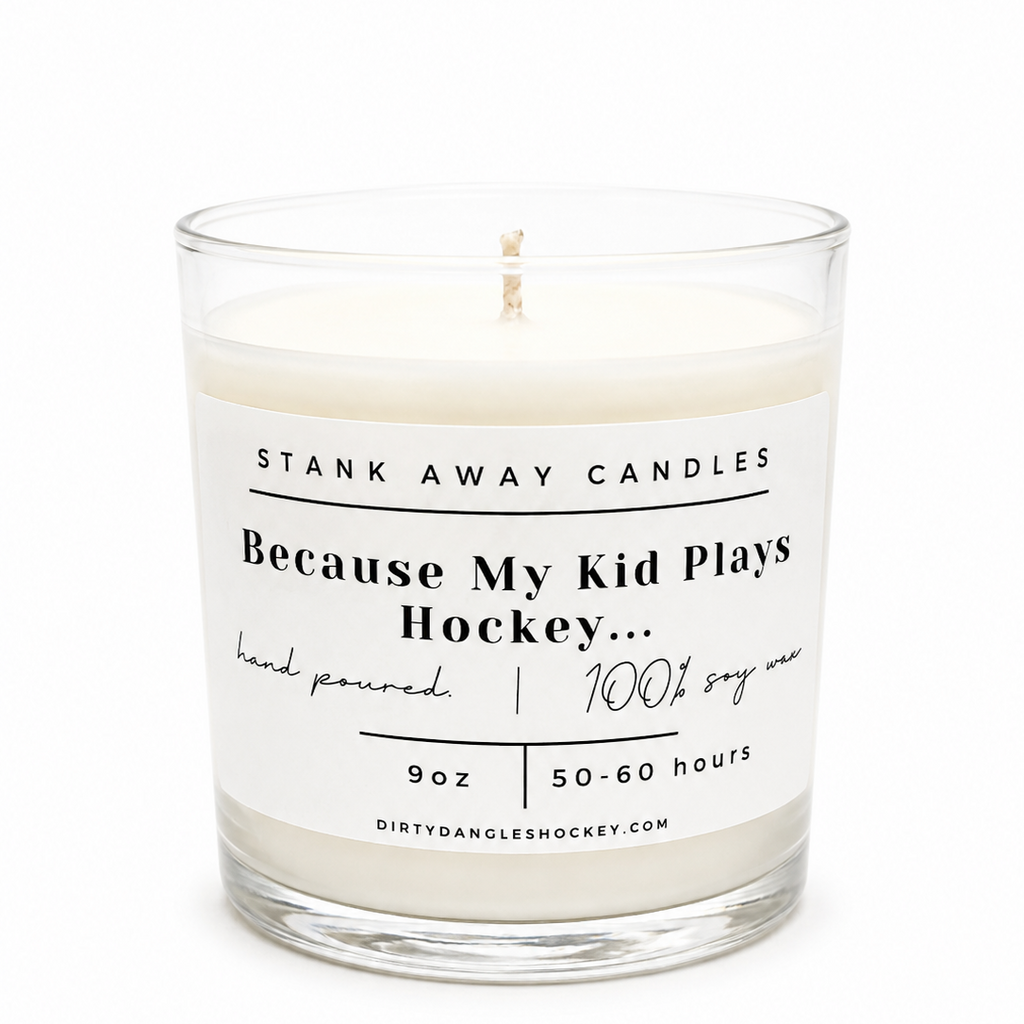 A white scented hockey candle on a white background. Because my kid plays hockey.... 