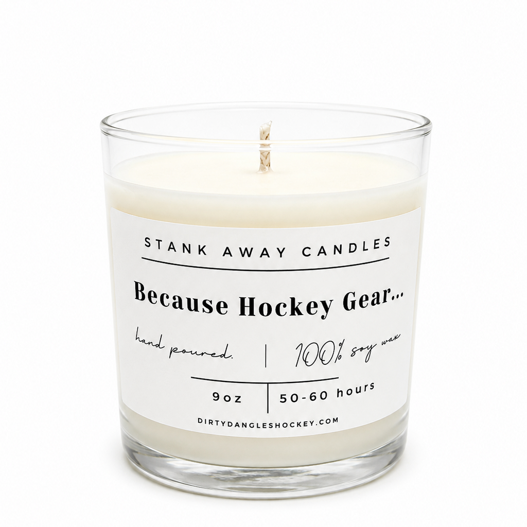 A white scented hockey candle on a white background. Because Hockey Gear