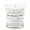 A white scented hockey candle on a white background. That hockey stank.