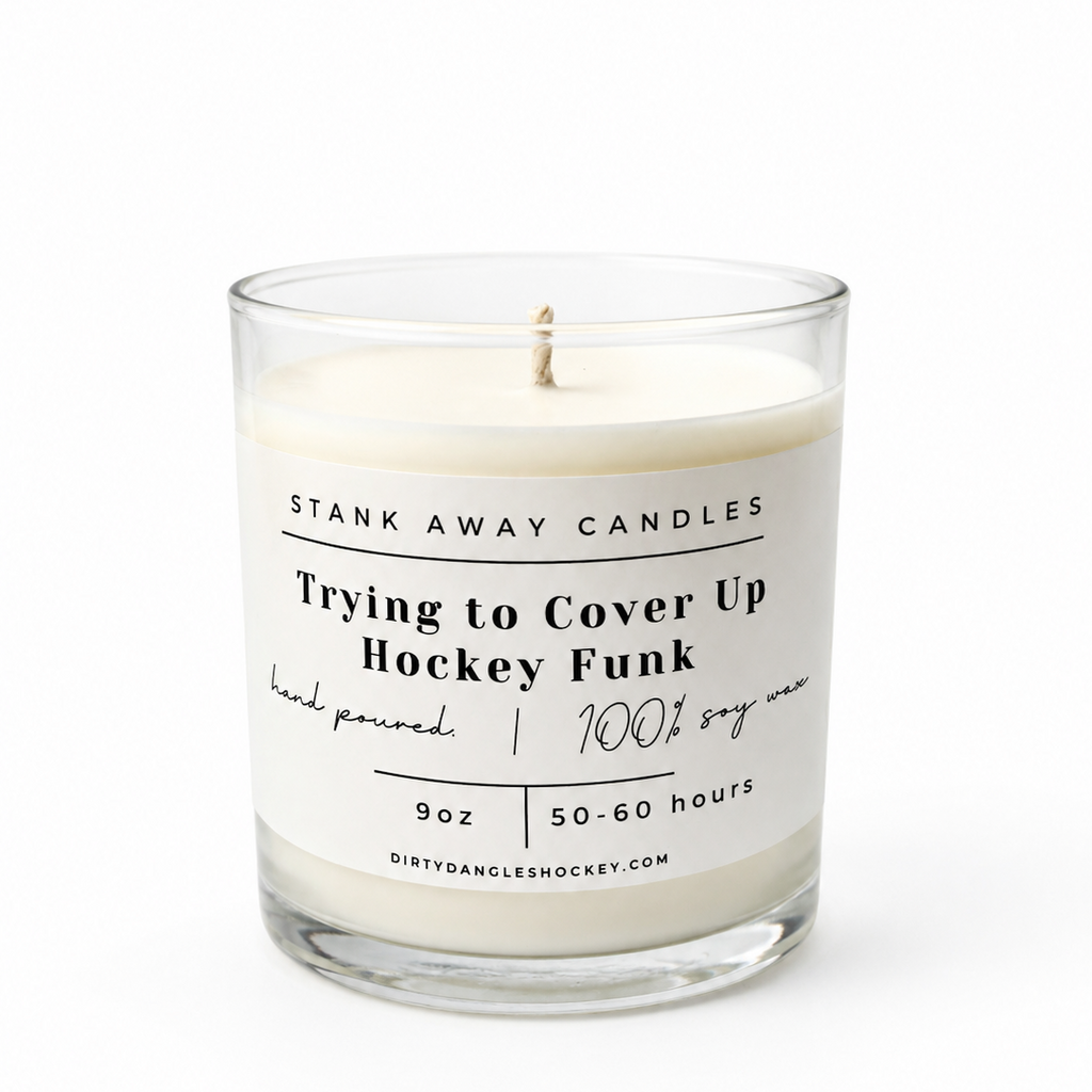 A white scented hockey candle on a white background. Trying to cover up hockey funk