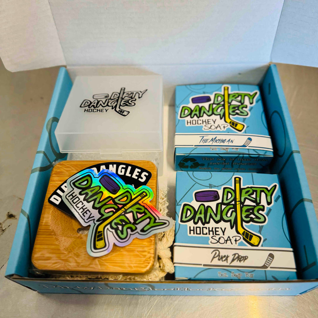 Dirty dangles soap starter bundle. 2 soap bars, soap dish, soap travel case, soap bag and stickers.
