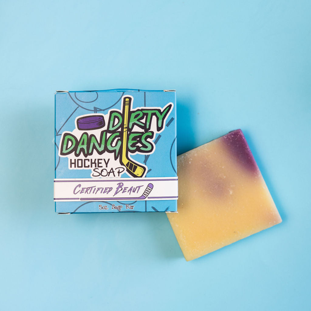 certified beaut lavender lemongrass girl's soap bar with a blue box on a blue background