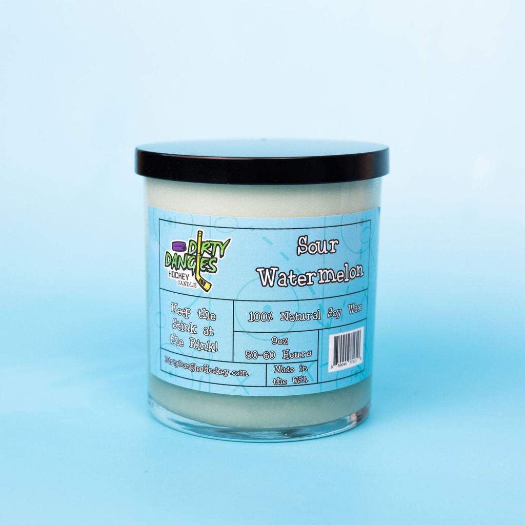 A green dirty dangles natural hockey candle sour watermelon scent on a blue background