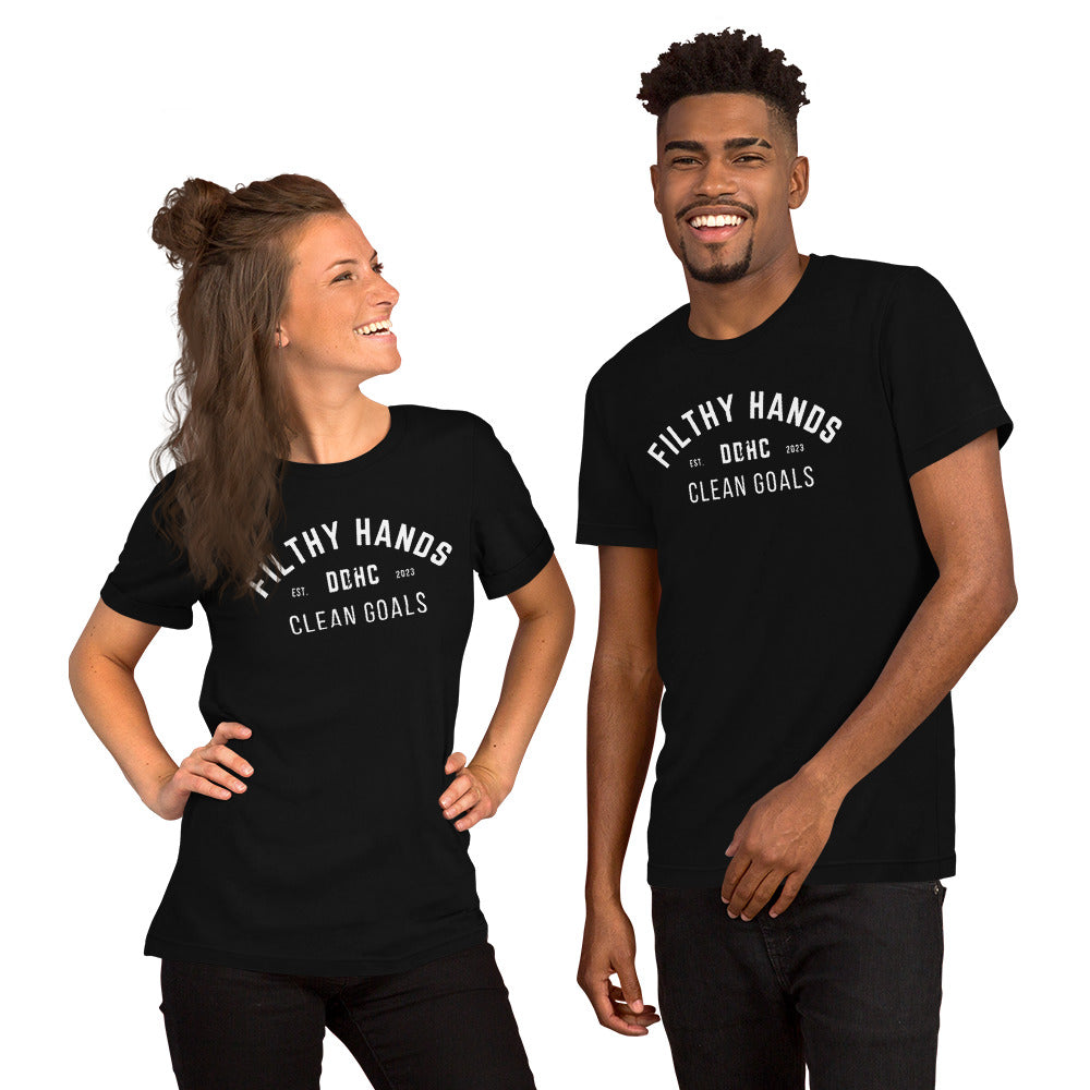A man and a woman smiling together wearing a black t shirt. Filthy Hands clean goals ddhc