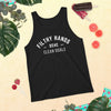 a black filthy hands clean goals mens dirty dangles hockey tank top on a summer theme background