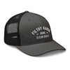 A black and gray snapback trucker hat on white background. Filthy hands clean goals