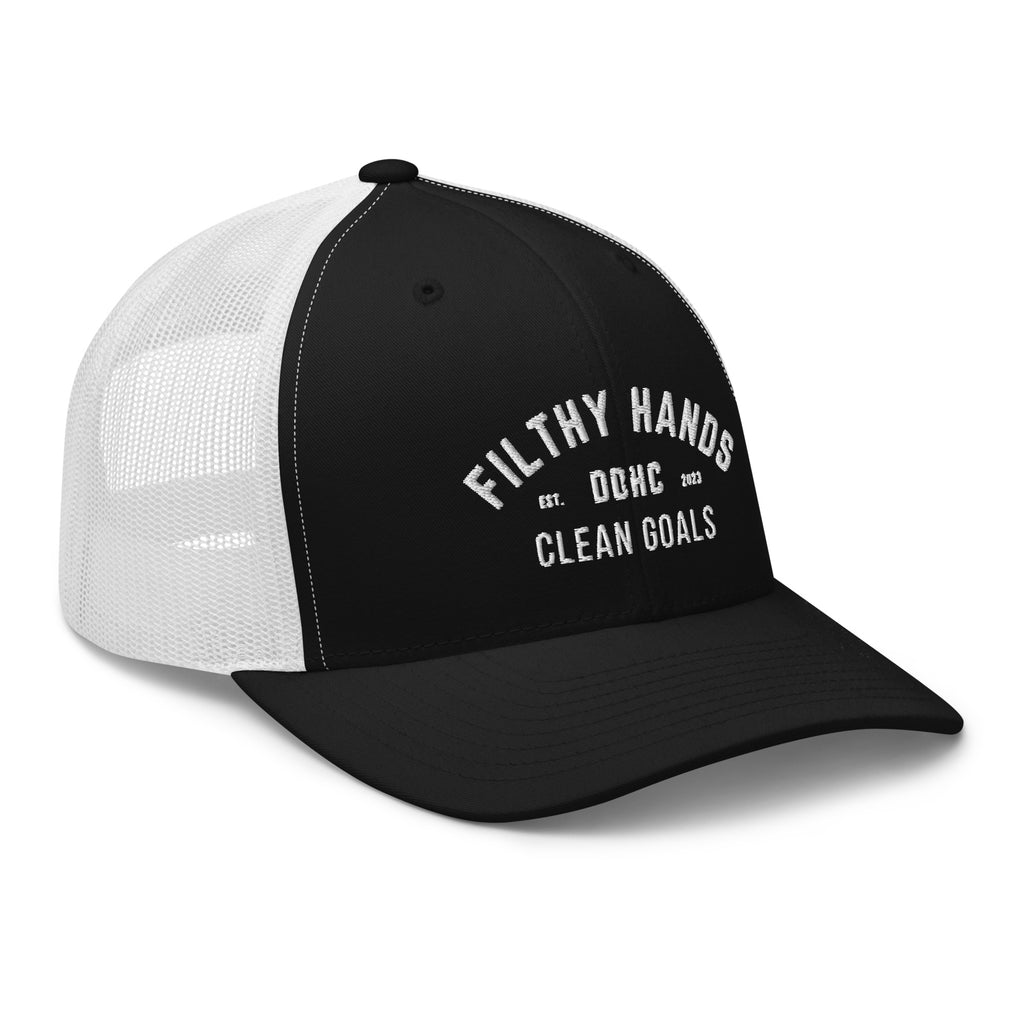 A black and white snapback trucker hat on white background. Filthy hands clean goals