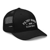 A black snapback trucker hat on white background. Filthy hands clean goals