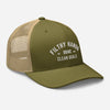 A green and khaki snapback trucker hat on white background. Filthy hands clean goals