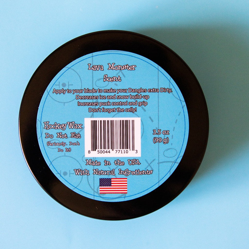 The back of a tin of dirty dangles hockey stick wax lava monster scent on a blue background