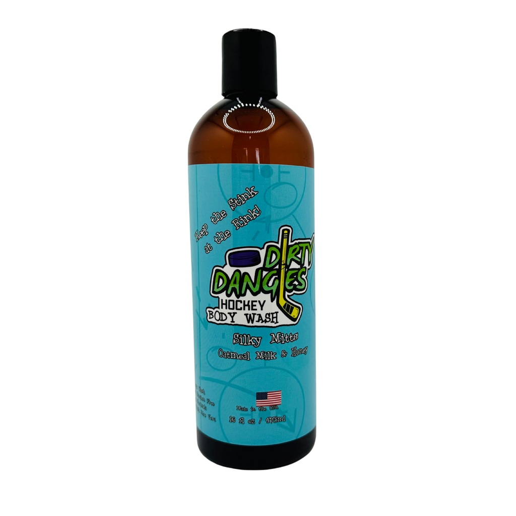 Bottle of Dirty Dandies Hockey Body Wash with a blue label on a white background