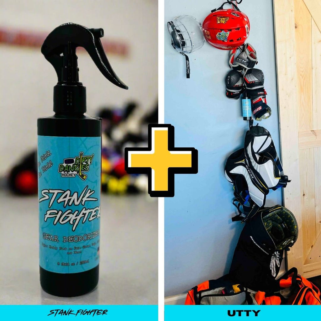 A bottle of stank fighter hockey gear deodorizing spray and hockey equipment hanging on an utty hockey gear drying rack