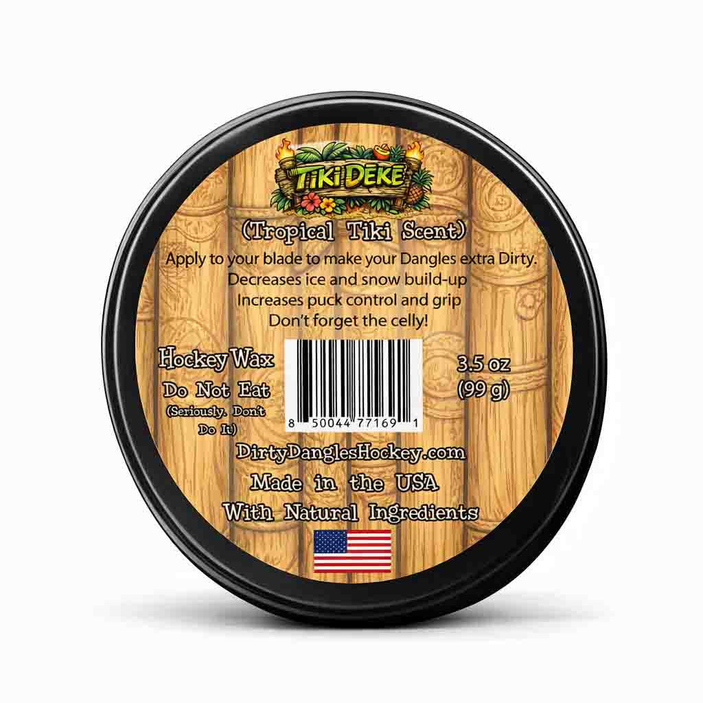 The back of a tin of dirty dangles tiki deke limited edition tropical stick wax on a white background. Tropical Tiki Scent.