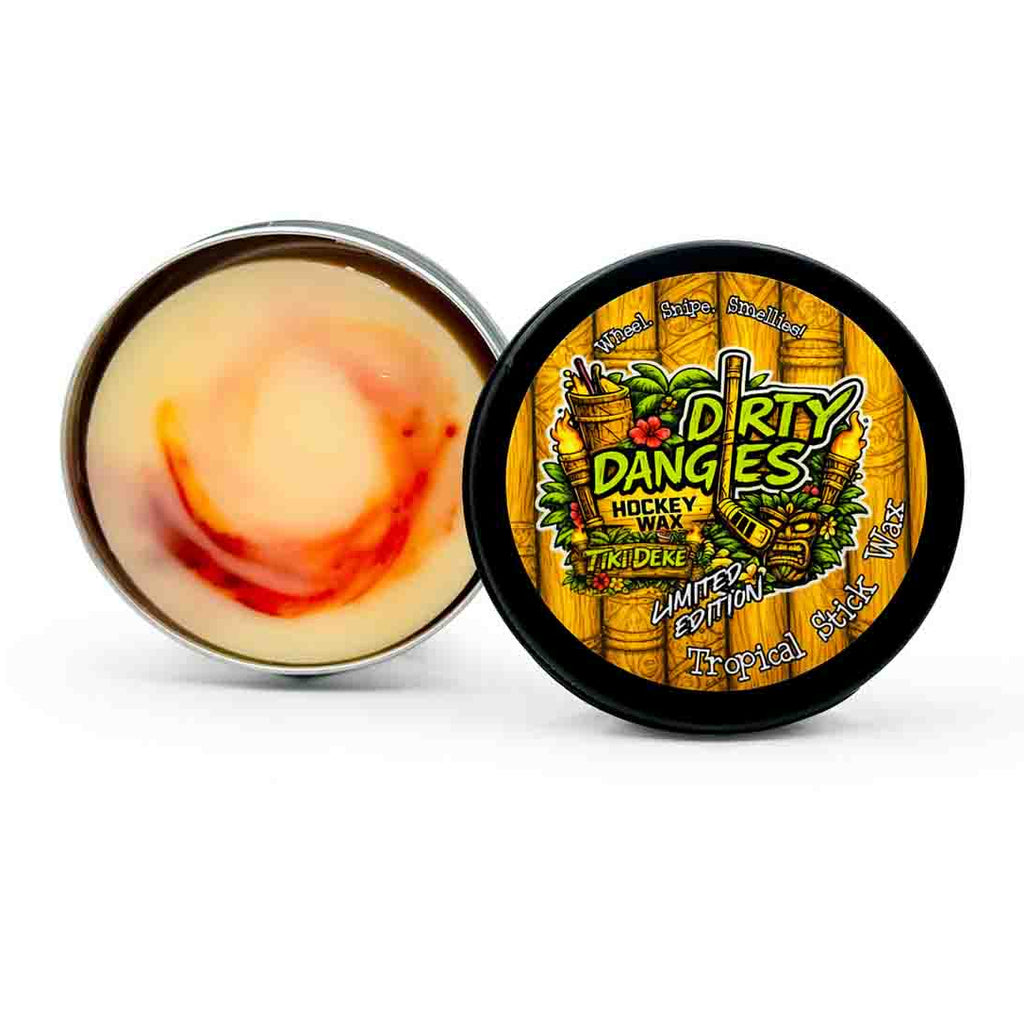 An open tin of dirty dangles tiki deke limited edition tropical stick wax on a white background