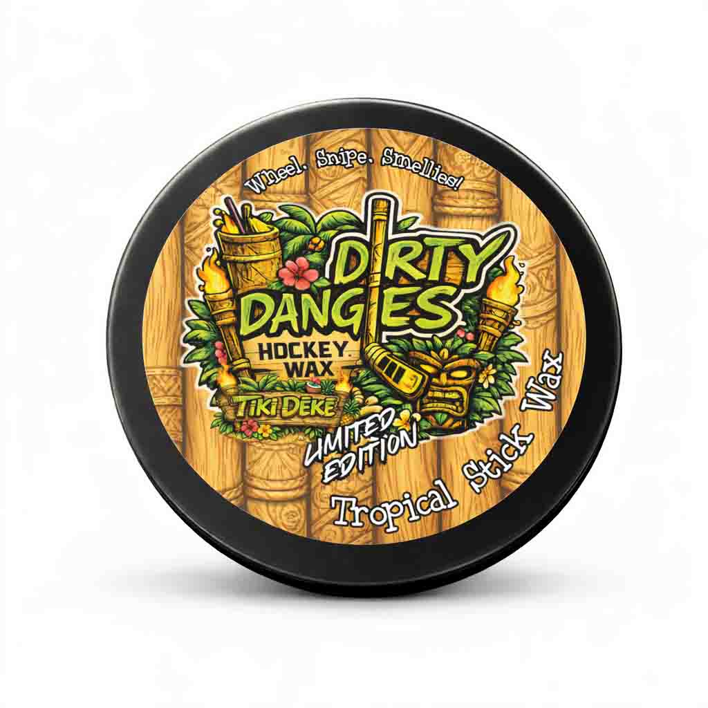 A tin of dirty dangles tiki deke limited edition tropical stick wax on a white background