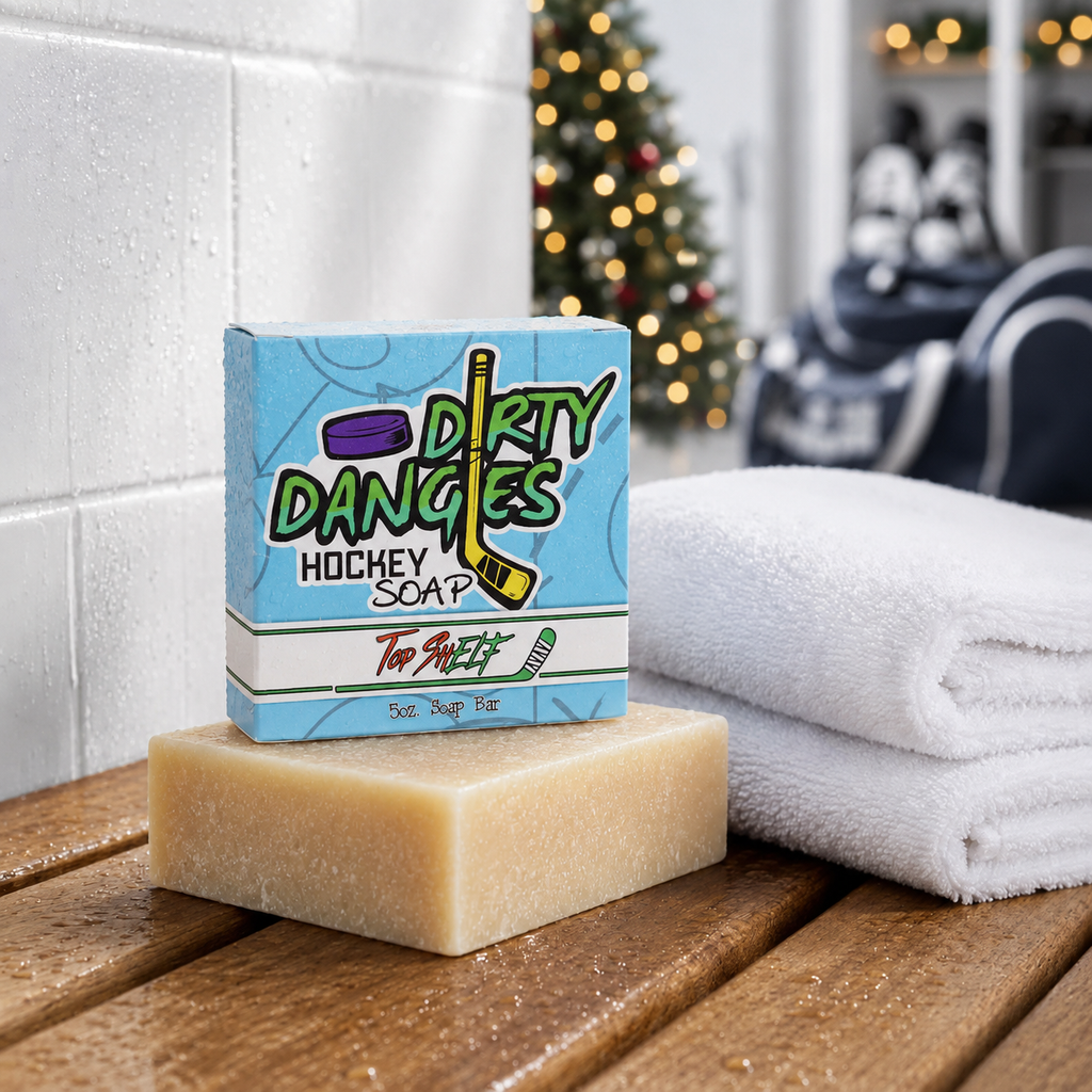 top shelf oatmeal spice christmas hockey soap in a clean locker room with christmas decorations and hockey gear